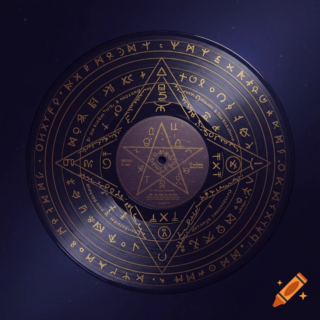 A stylized vinyl record featuring gold occult symbols arranged in geometric patterns