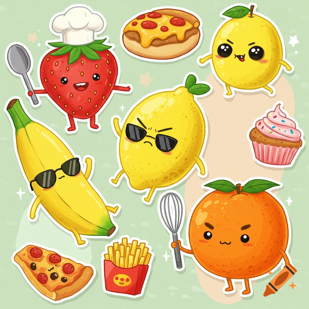 Cute cartoon food characters depicted as stickers including strawberry chef, cool banana, happy lemon, pizzas, fries, orange, cupcake.