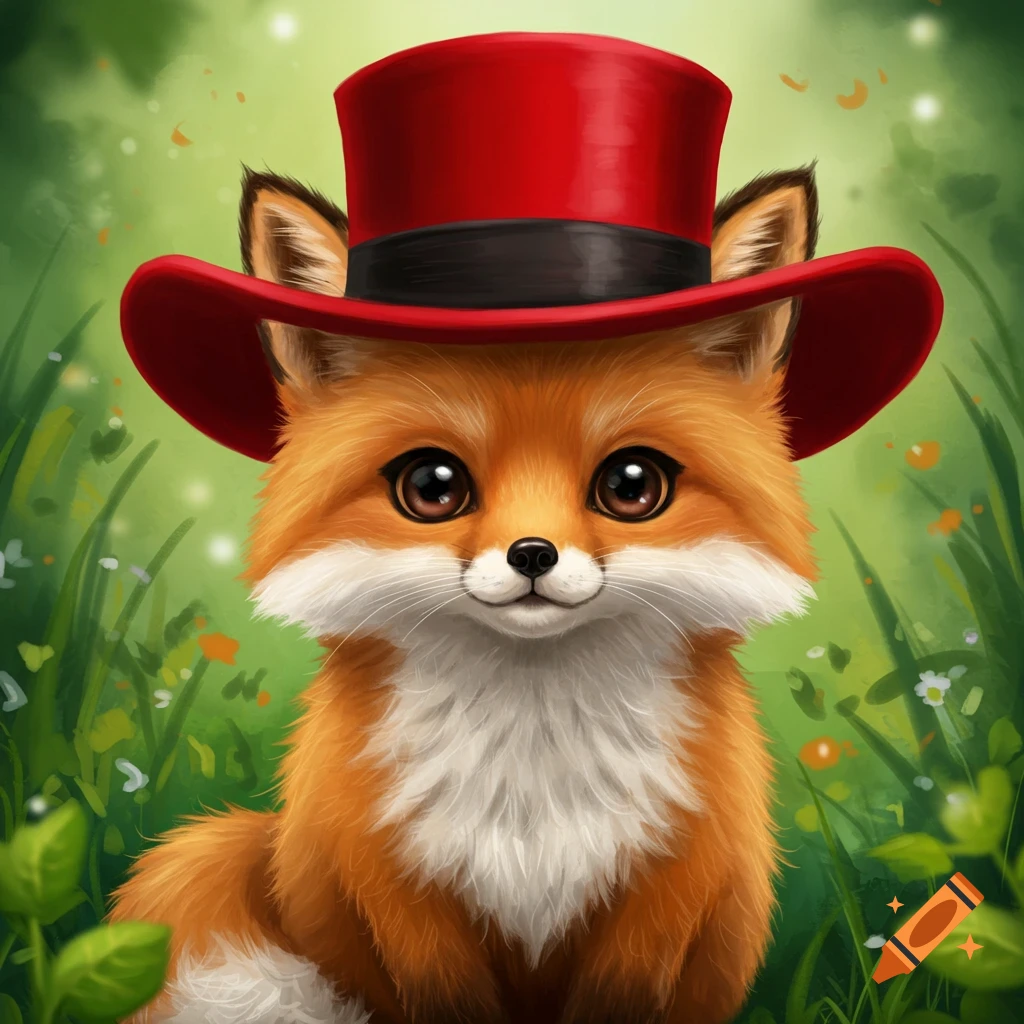 Cute fox wearing a red top hat in a forest.