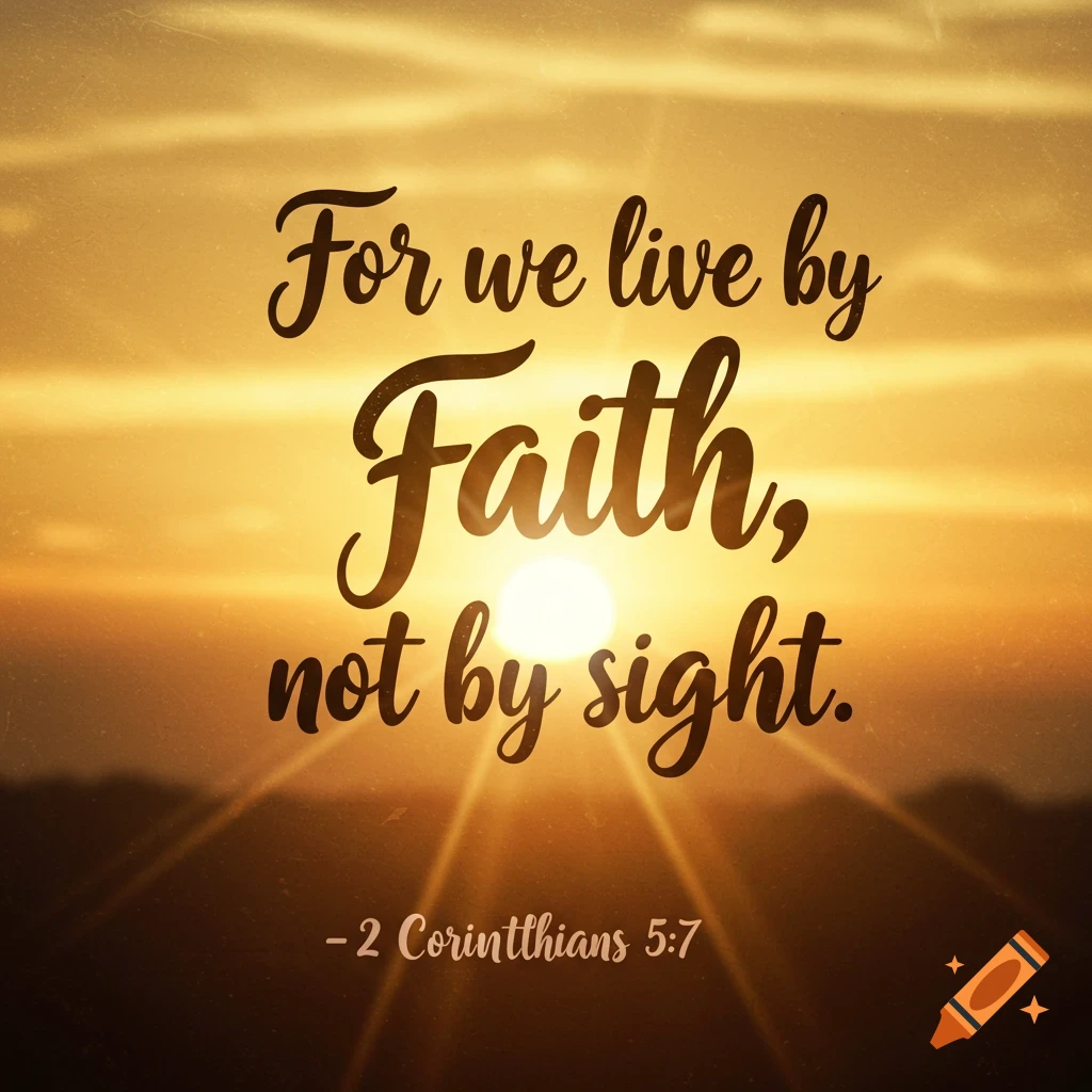 Text overlaying a painting of a sunset reads 'For we live by Faith, not by sight. - 2 Corinthians 5:7'.