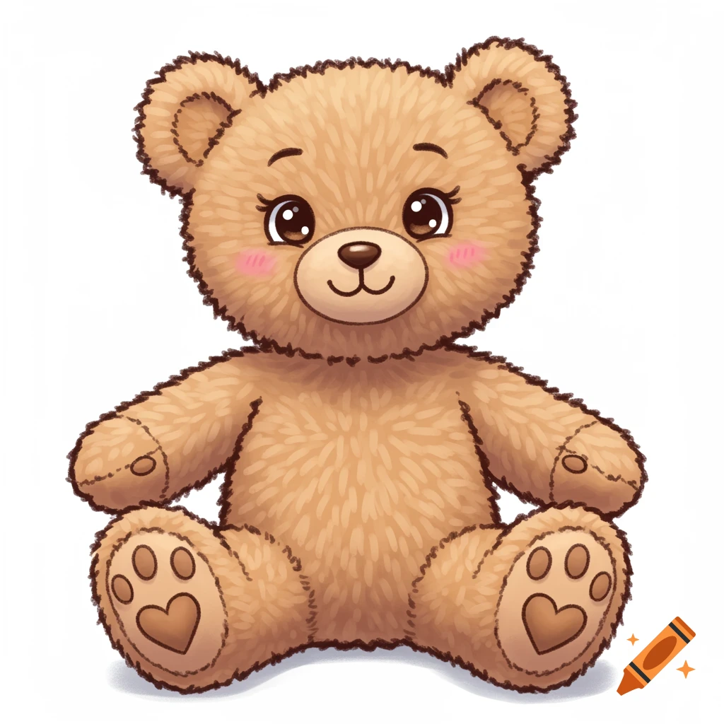 Cute brown fluffy teddy bear illustration with heart paw pads