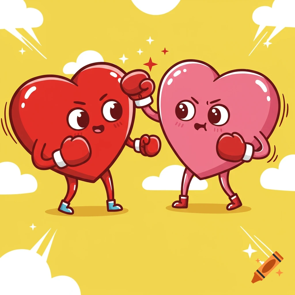 Two cartoon hearts wearing boxing gloves boxing each other