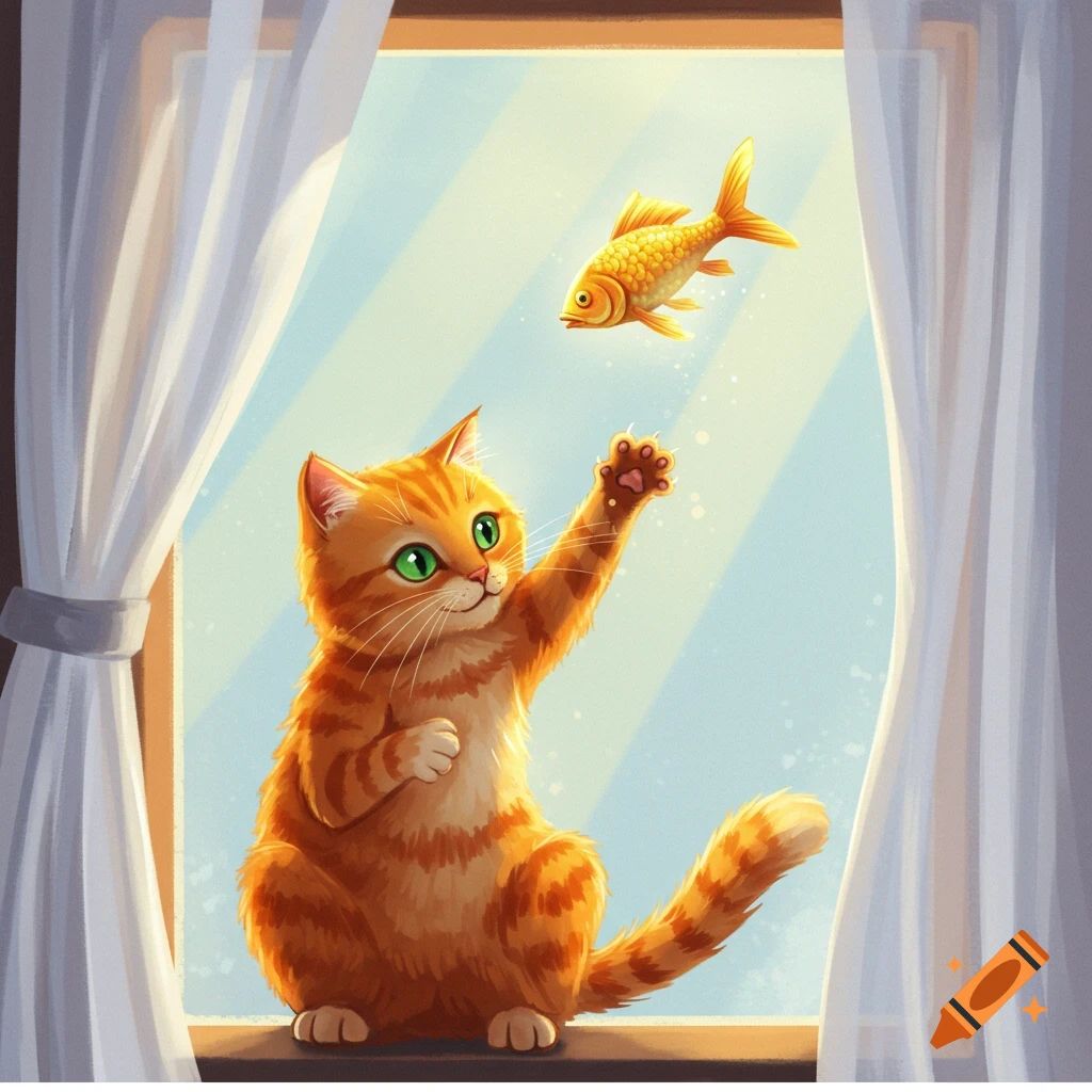 An orange tabby cat on a windowsill reaching for a golden fish.