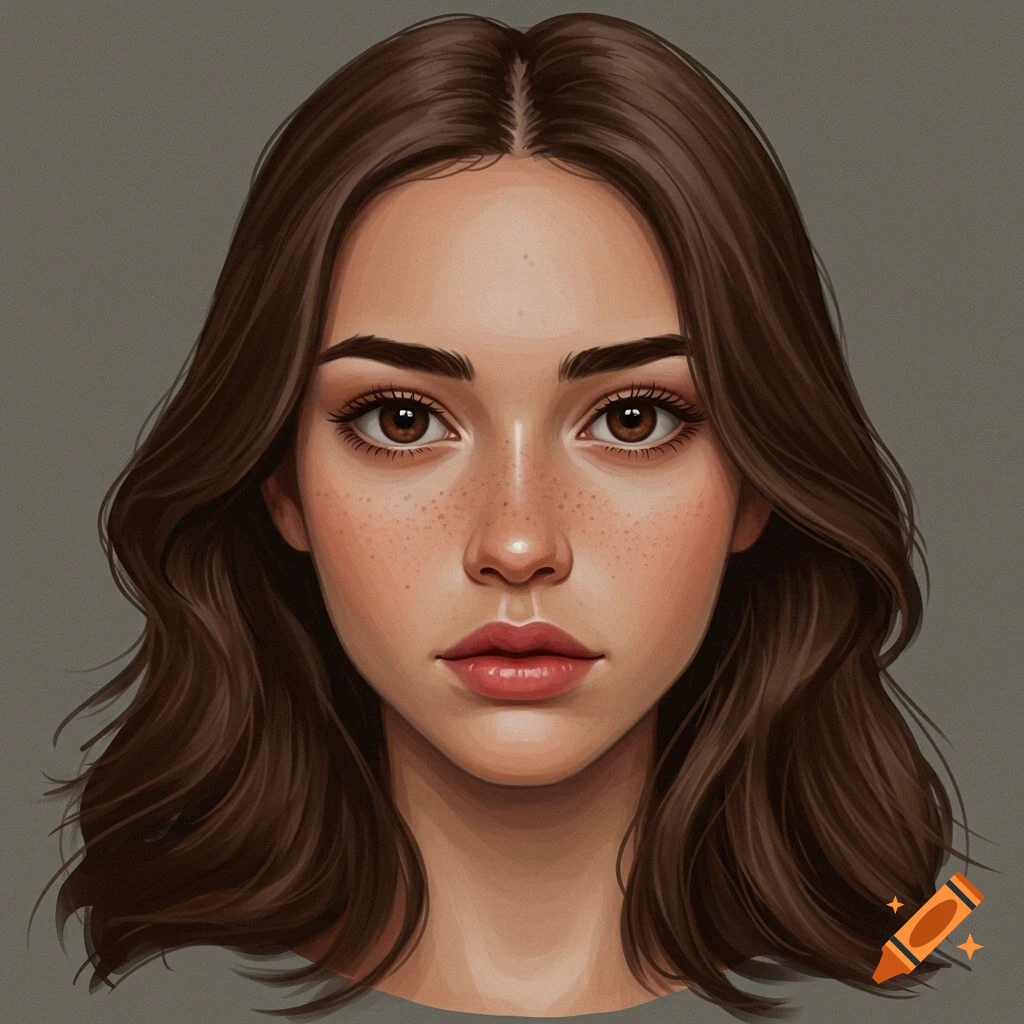 A close-up of a young woman's face with brown hair and freckles.