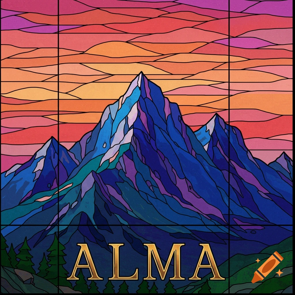 A stained glass artwork depicting mountains at sunset with the word ALMA at the bottom.