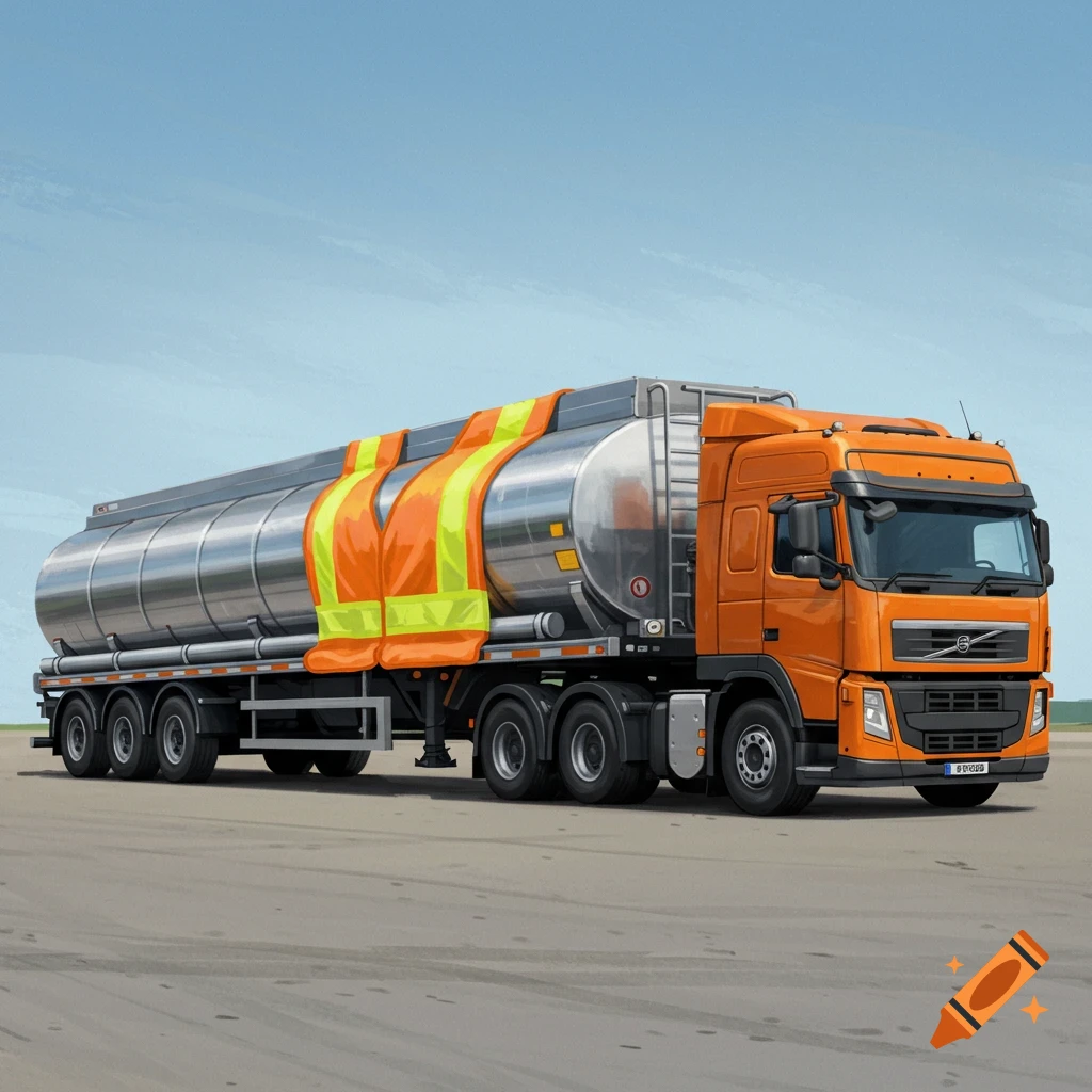 An orange and silver fuel truck wearing an orange and yellow safety vest.