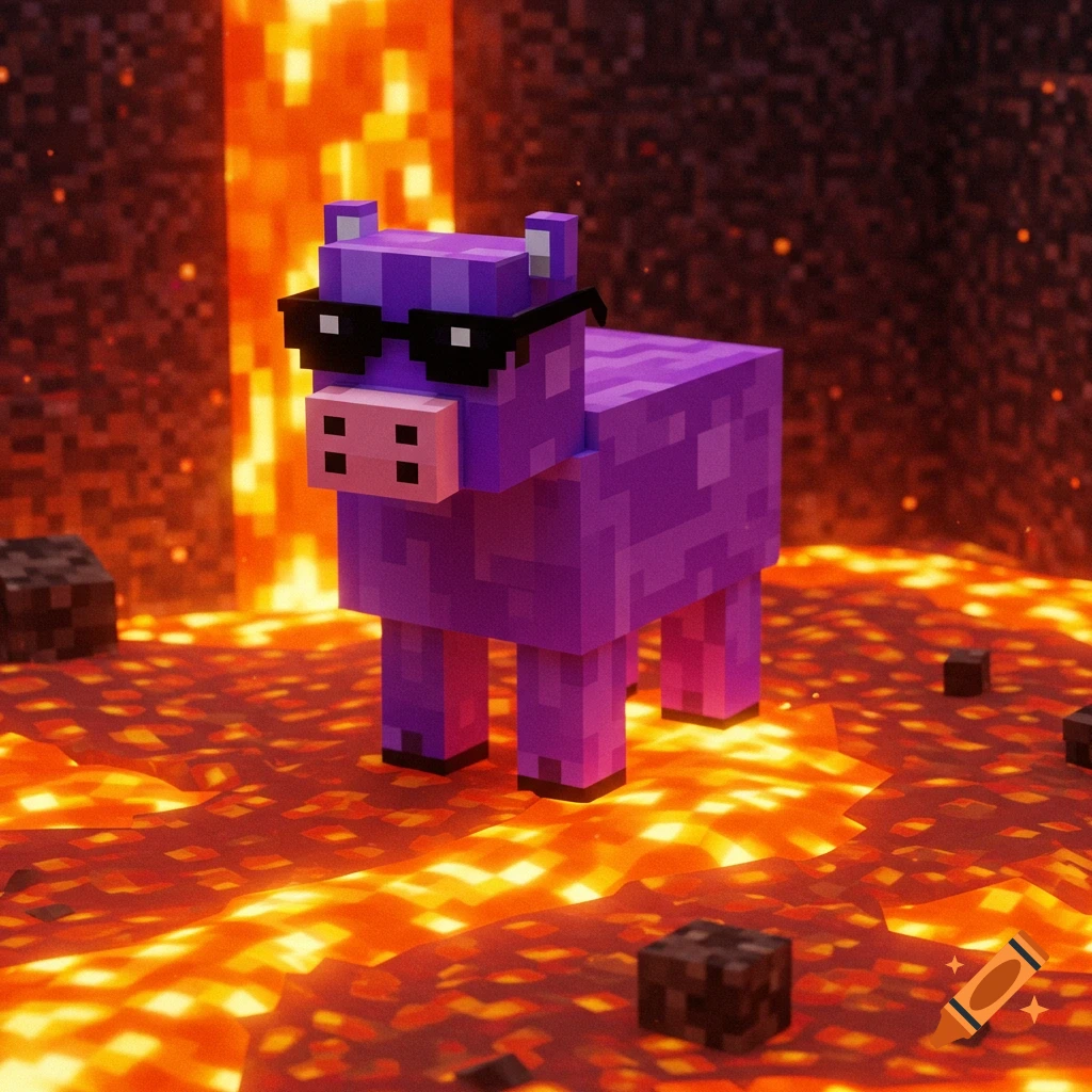 A purple Minecraft pig wearing sunglasses stands in lava.