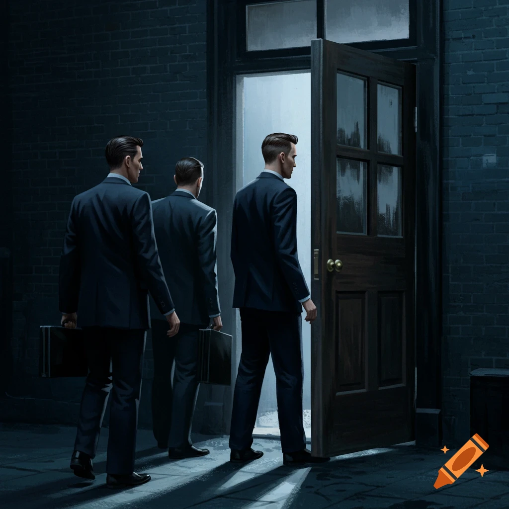 Three men in suits walking towards an open door in the dark.