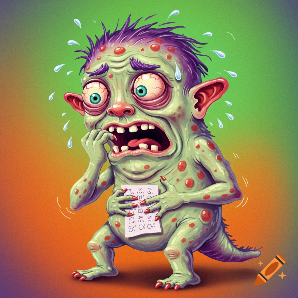 Cartoon green monster sweating and biting nails while holding a paper with gibberish.