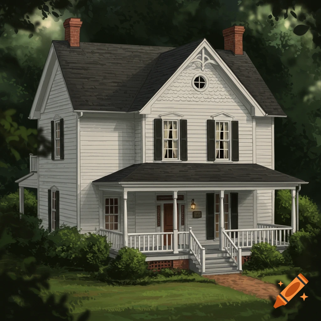 A white house with a porch and trees.