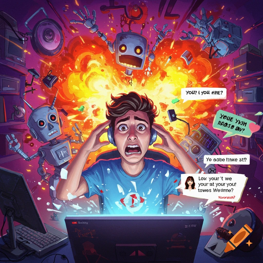 A person in headphones panicking at a computer surrounded by exploding robots.
