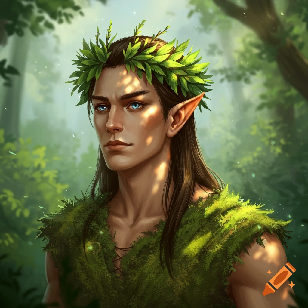 A male elf wearing a leaf crown in a forest.