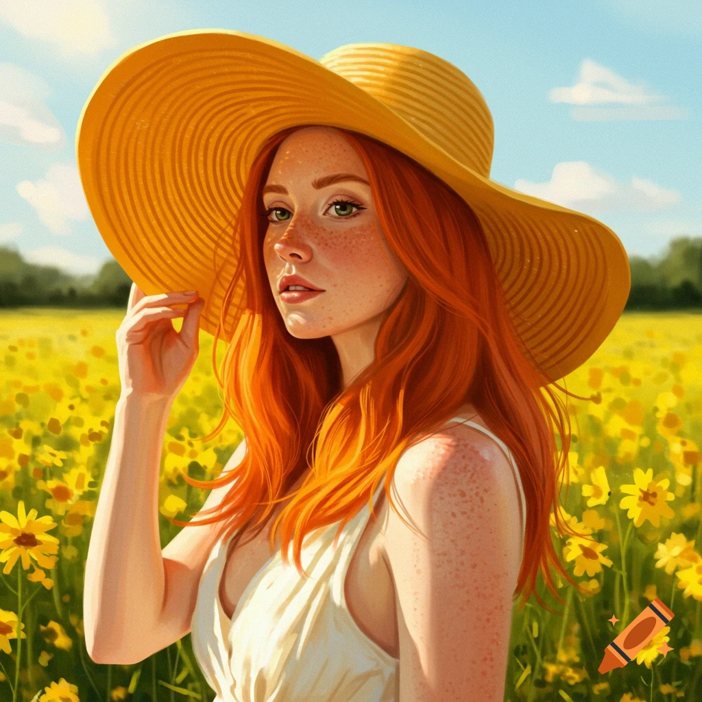 A redhead woman in a large yellow hat standing in a field of yellow flowers under a blue sky.