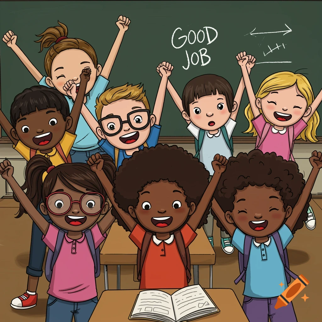 Cartoon illustration of diverse children cheering in a classroom with 'GOOD JOB' on the blackboard.