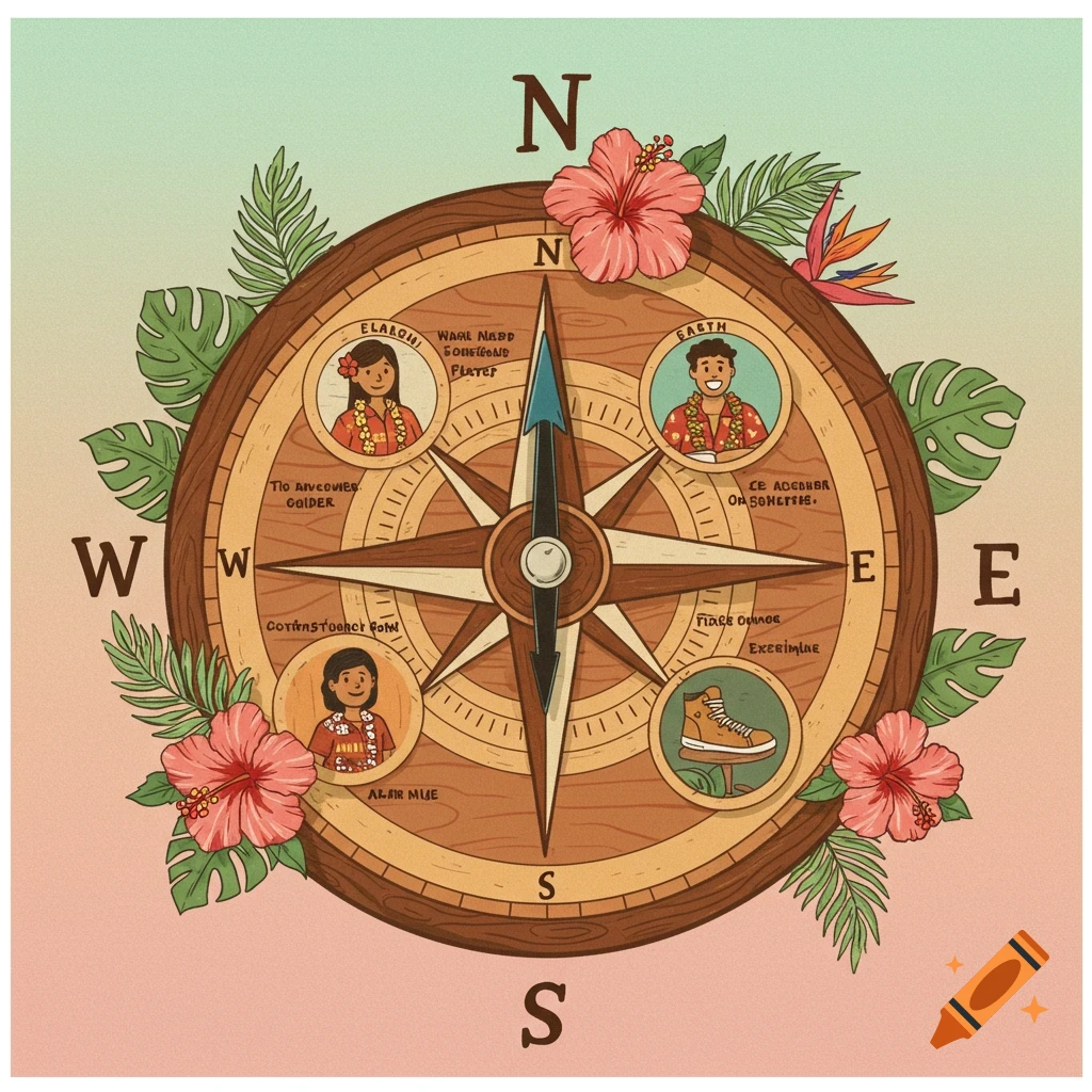 A Hawaiian-themed compass decorated with flowers and leaves, featuring illustrated people and objects inside.