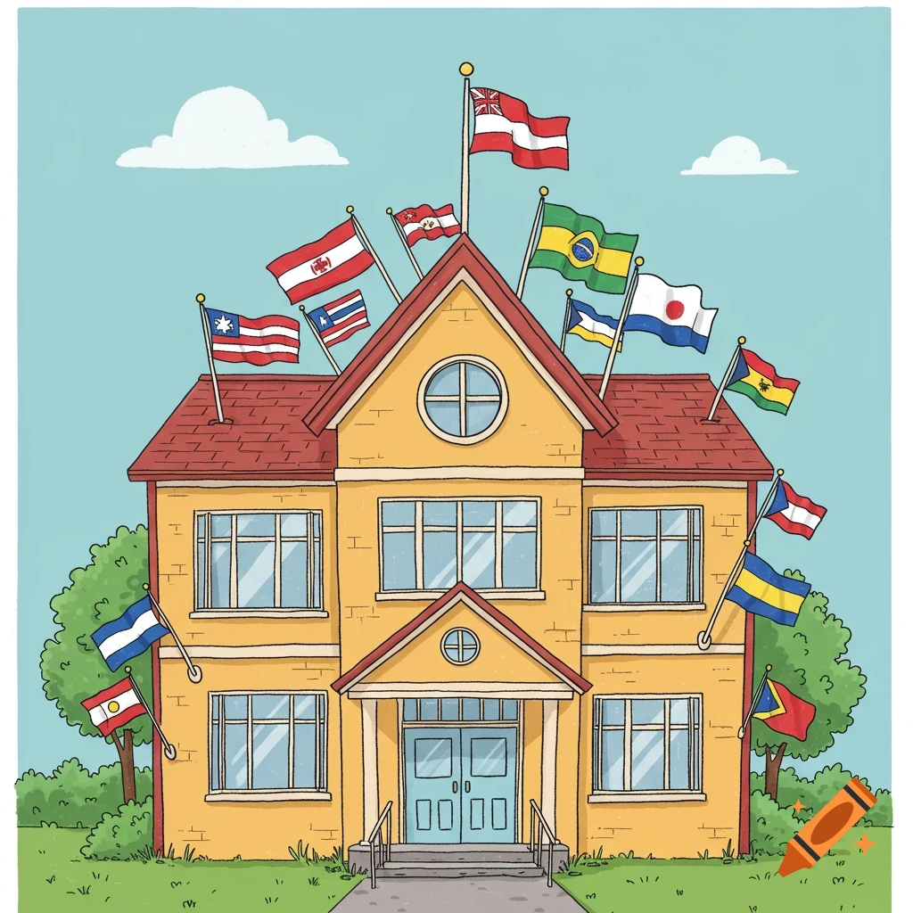 Drawing of a school building with many international flags flying from the roof and walls.