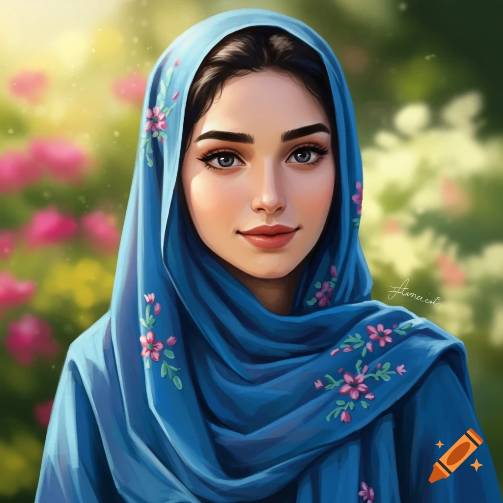 A woman wearing a blue floral hijab in a garden