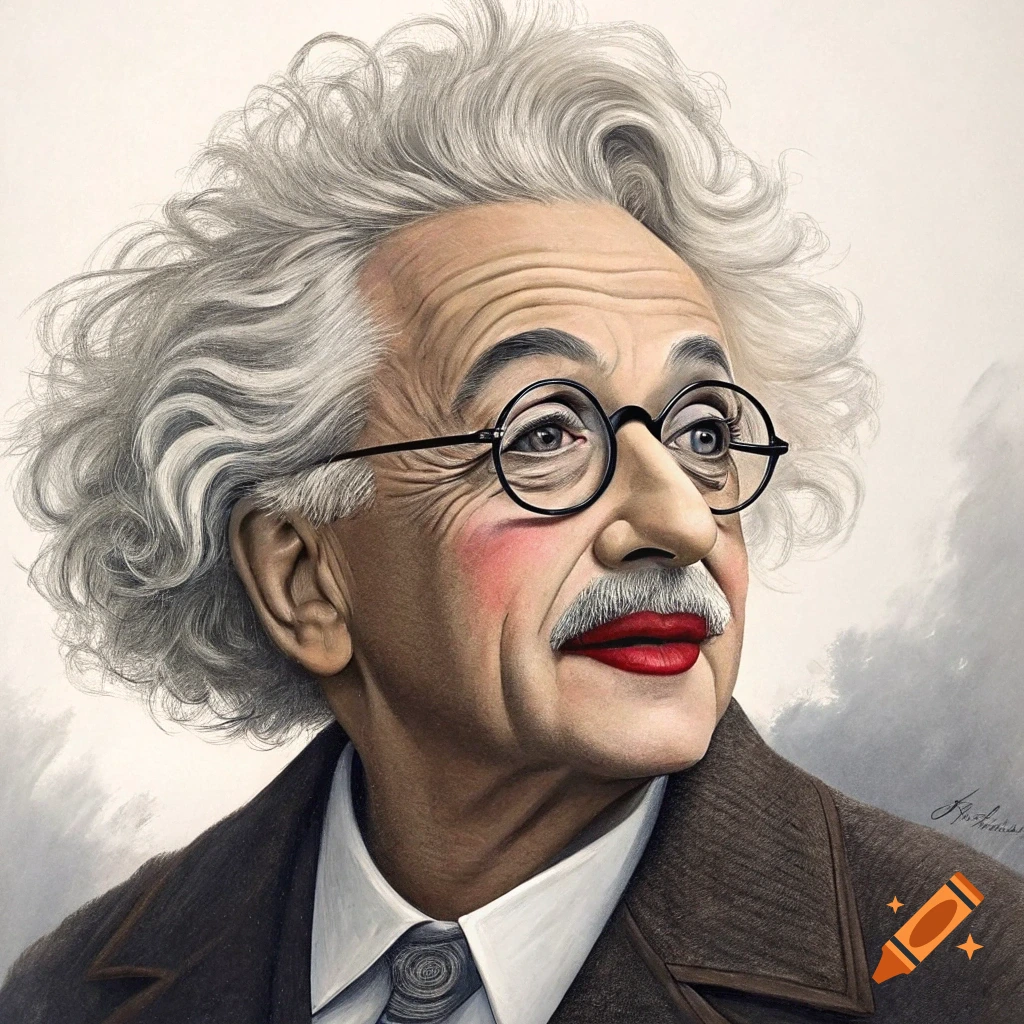 Stylized portrait of Albert Einstein wearing red lipstick and blush.