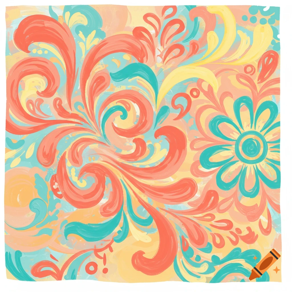 Abstract summer pattern with swirling coral, teal, and yellow shapes.