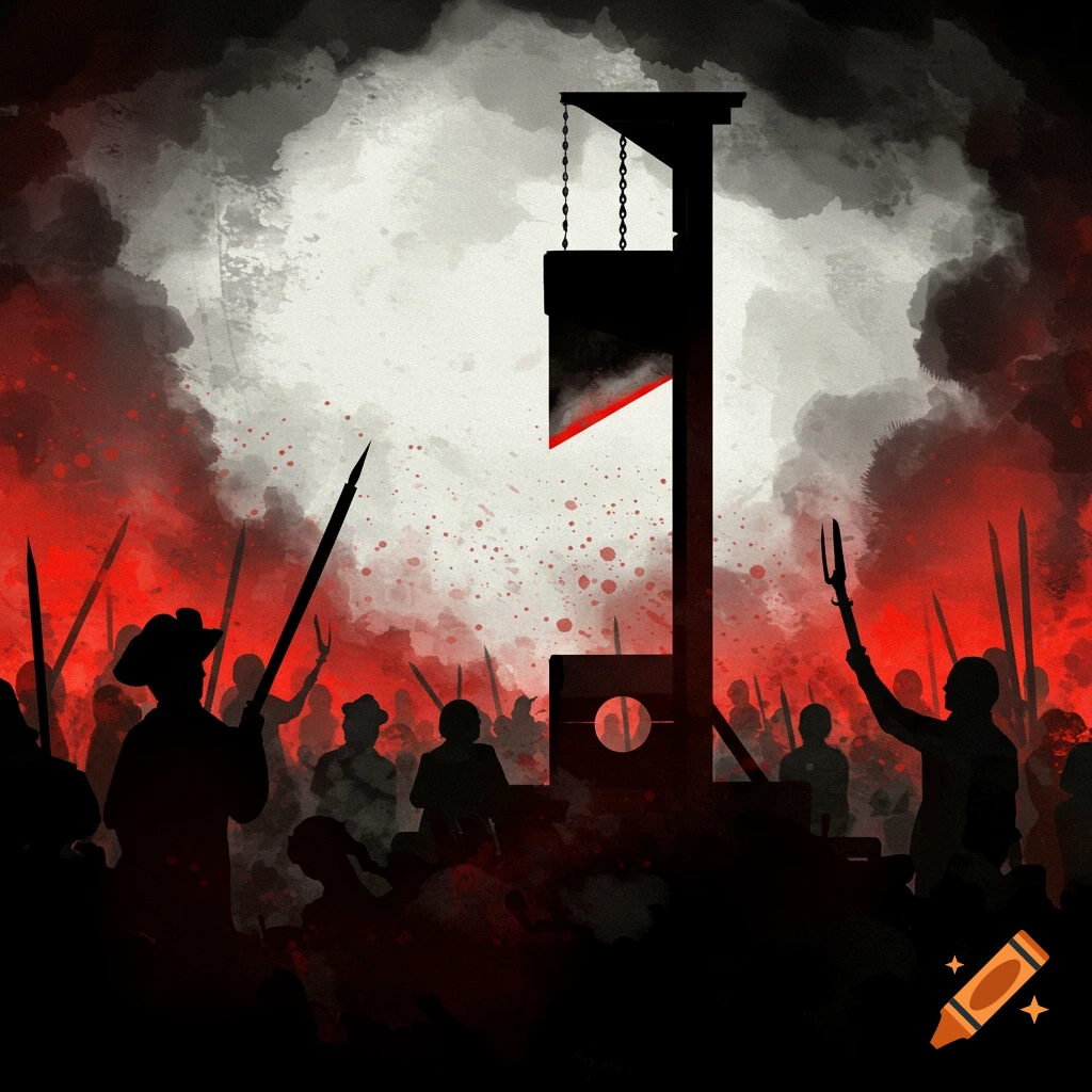 Silhouette of a large guillotine with a crowd below against a background of red and black.