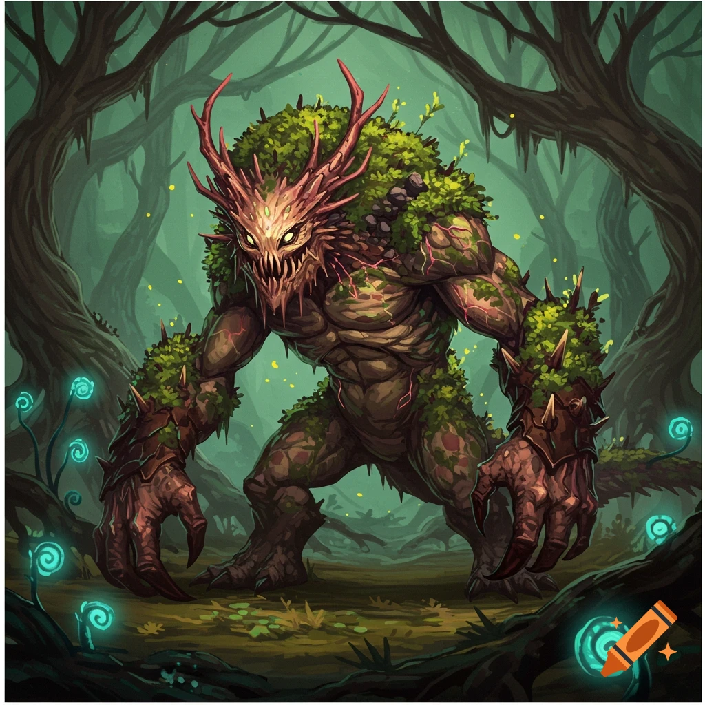 A fearsome fantasy forest creature covered in leaves and vines, standing in a dark, glowing forest.