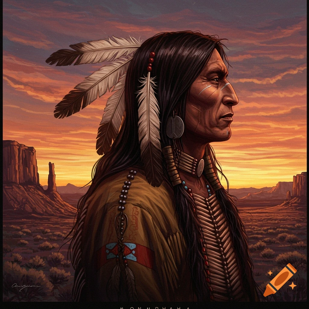 A Native American man is seen in profile against a desert sunset.