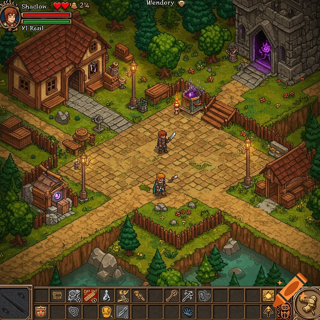 Isometric pixel art fantasy RPG game scene with characters, buildings, and UI elements.