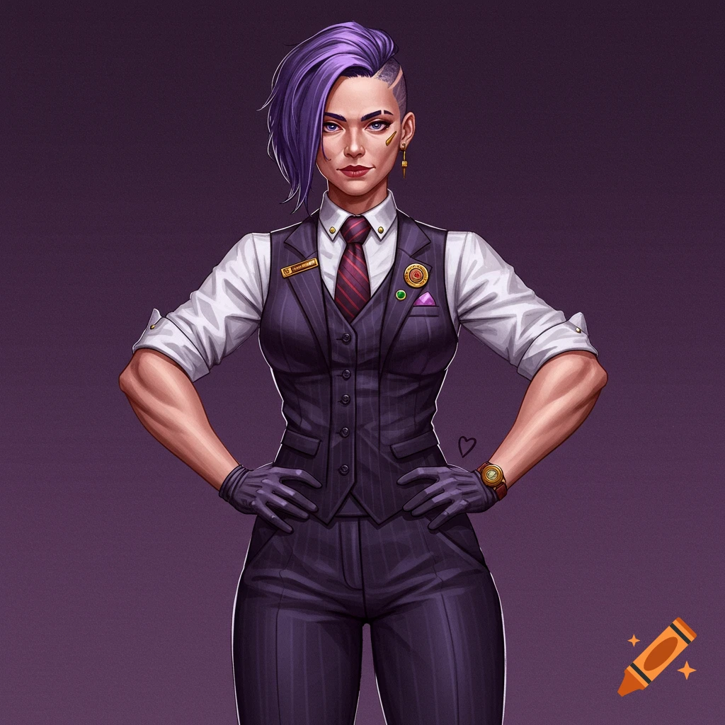 A stylized image of a muscular woman with purple hair and a shaved side, wearing a dark pinstripe suit, white shirt, and red tie, standing with hands on hips.
