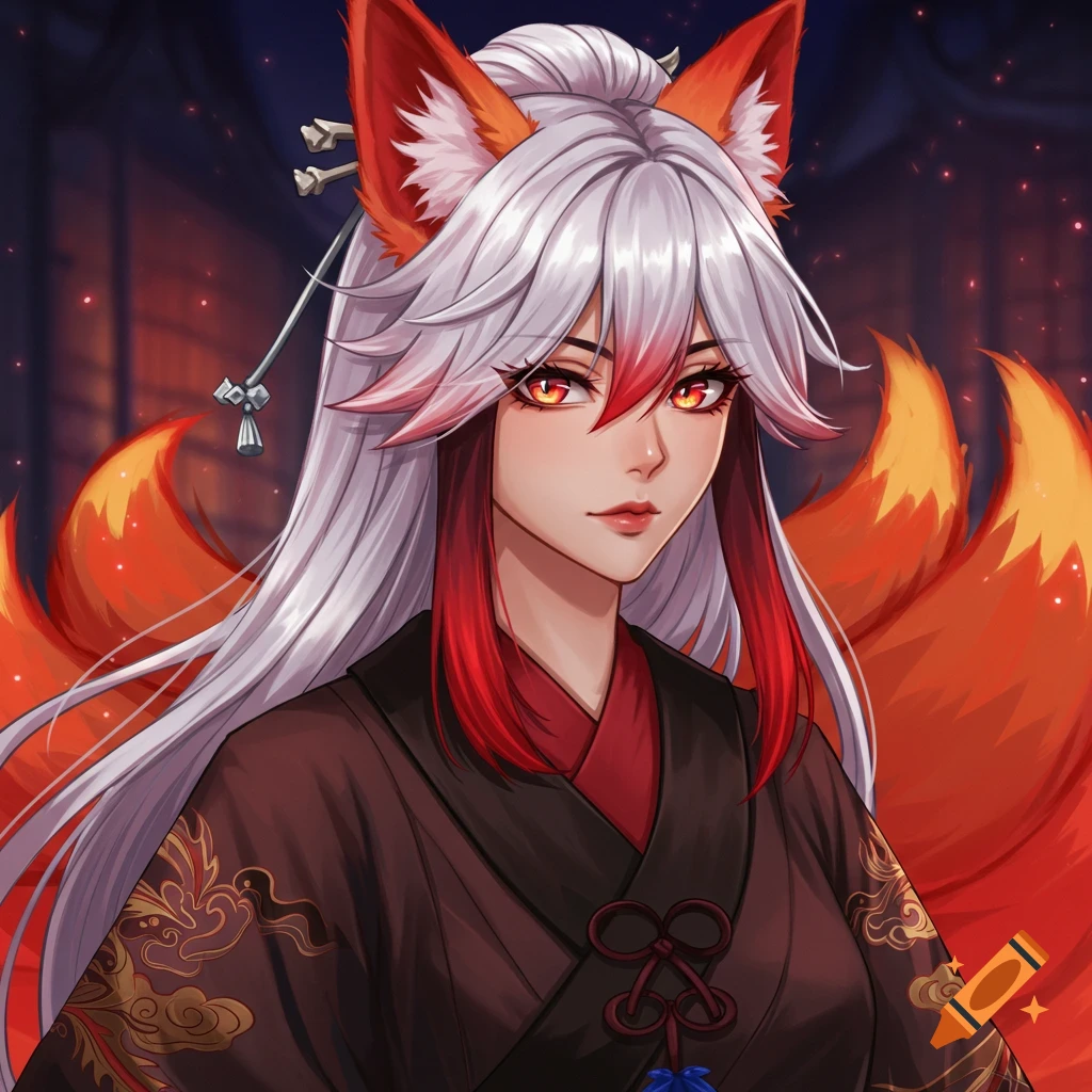 Anime illustration of a fox spirit with white and red hair, fox ears and tails, wearing a traditional robe.