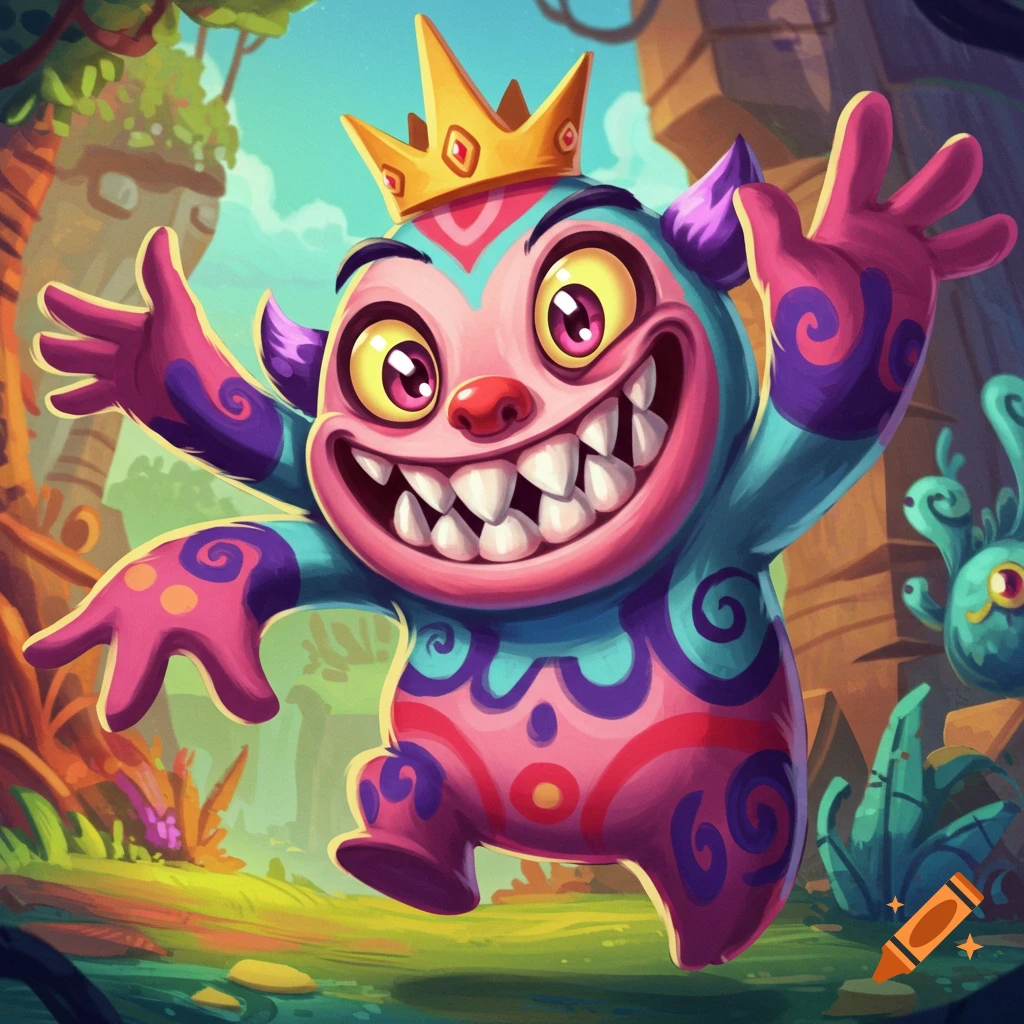 A colorful, cartoonish monster wearing a crown grins wide in a jungle setting.