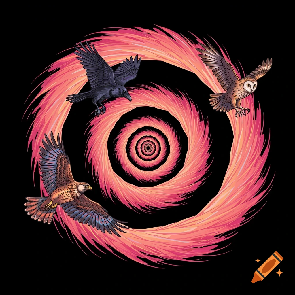 A hawk, raven, and owl flying around a large, colorful spiral on a black background