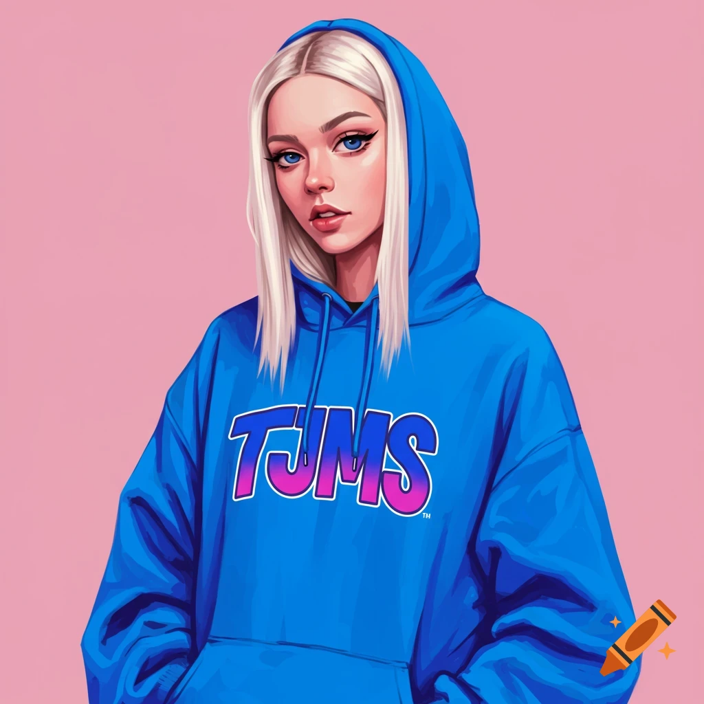 Digital art portrait of a blonde woman wearing a blue hoodie with 'TJMS' branding against a pink background.