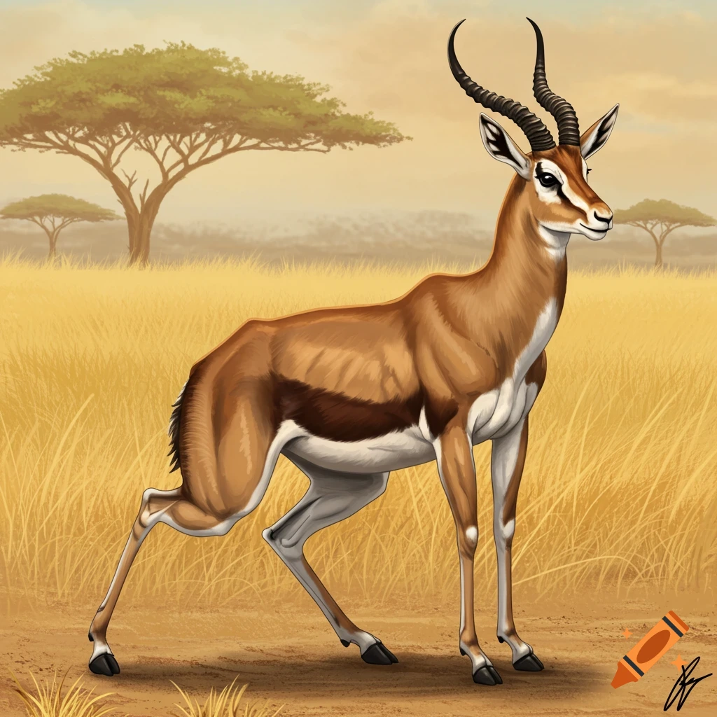 A gazelle standing in a grassy savanna landscape.