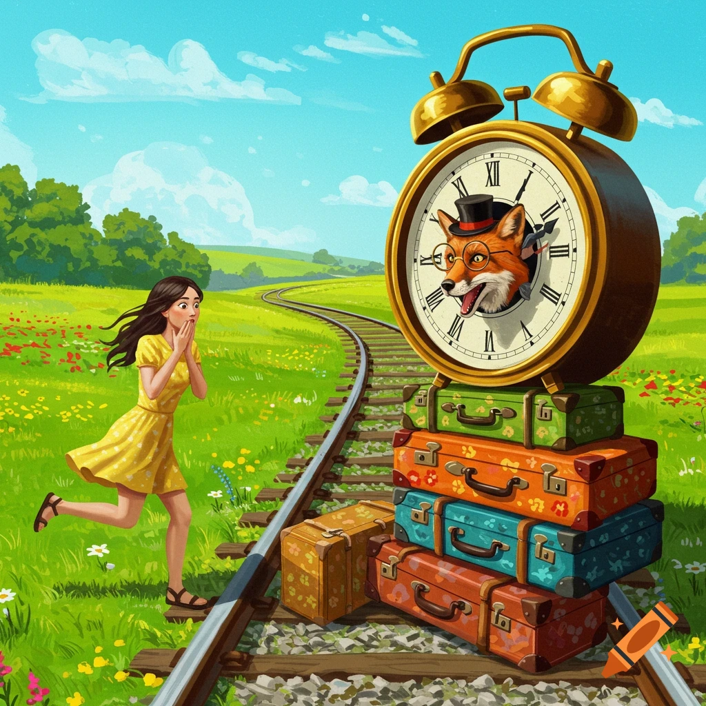 Girl surprised by fox in clock on suitcase stack on train track