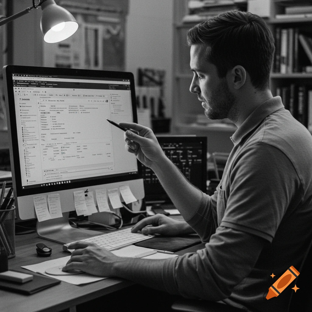Black and white photo of a man pointing at a computer screen while working at a desk.