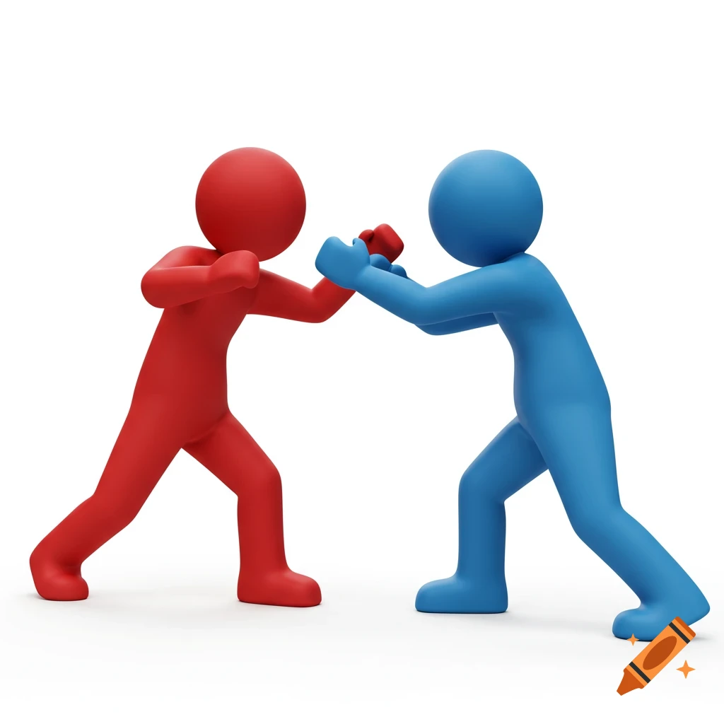 Two red and blue 3D figures are boxing.