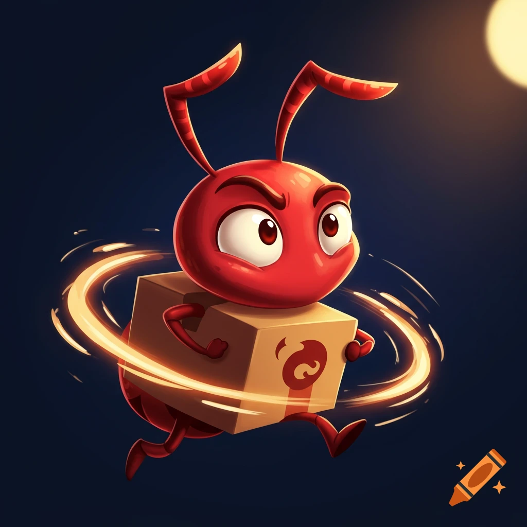 A red cartoon ant is running and carrying a box