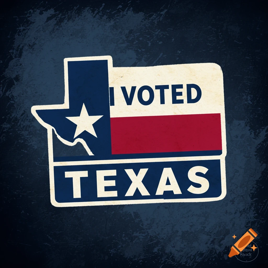 A sticker in the shape of Texas featuring the Texas flag and text 'I Voted Texas'.