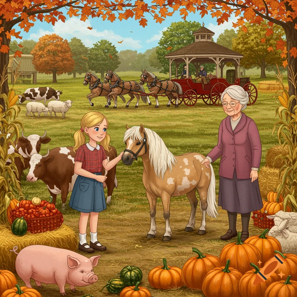 Illustration of a girl and grandma with a miniature horse on an autumn farm, with pumpkins, cows, sheep, a pig, and a horse-drawn carriage.