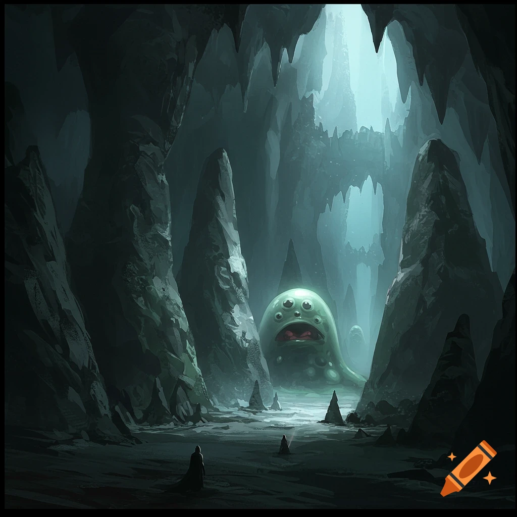 Giant slime monster with many eyes in an eerie cave with dim light.