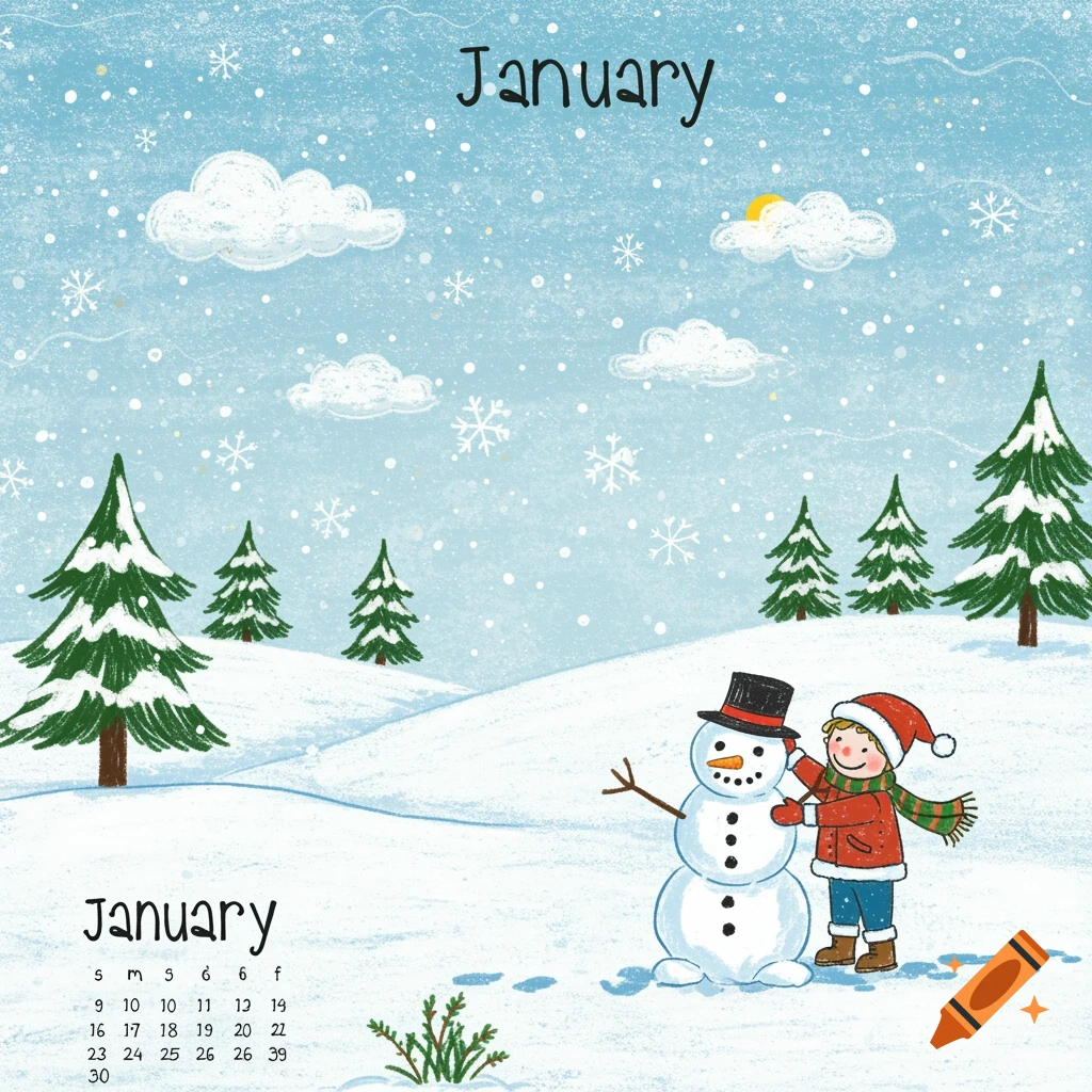 A whimsical children's illustration of a child and snowman in a snowy landscape with the month "January" and a calendar.