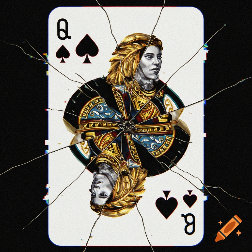 Fractured Queen of Spades playing card.