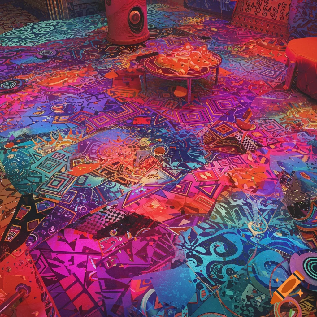 A colorful, crazy patterned floor.