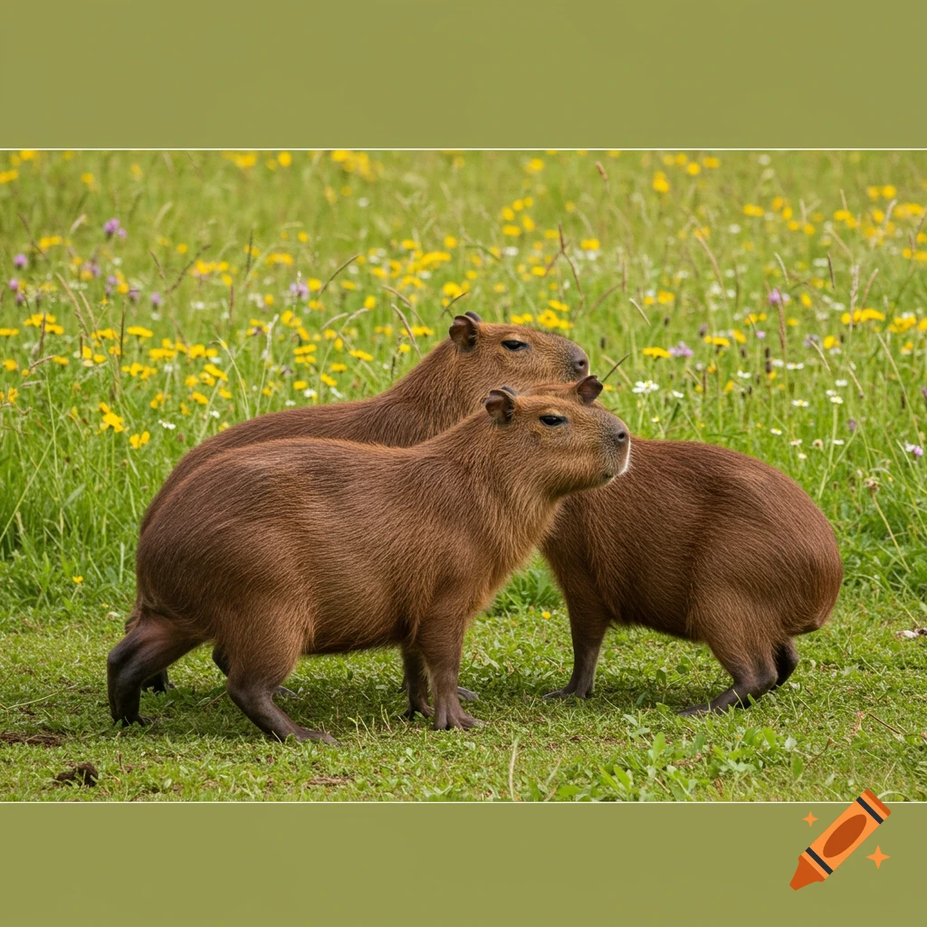 Two capybaras stand in a grassy meadow filled with yellow wildflowers.