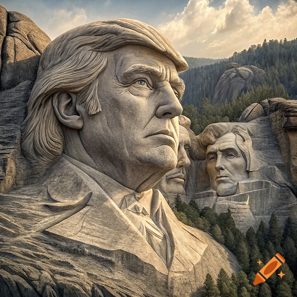 Photorealistic carving of Donald Trump's face on a mountain like Mount Rushmore, alongside other presidents.