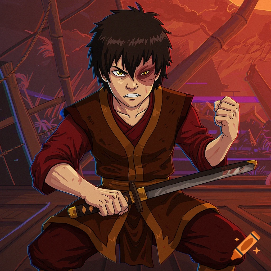 Anime-style image of Zuko from Avatar with scar, gripping a katana on a ship deck in a defiant pose.
