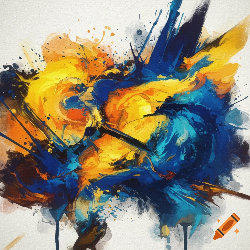 Abstract painting with yellow and blue paint splatters and strokes.