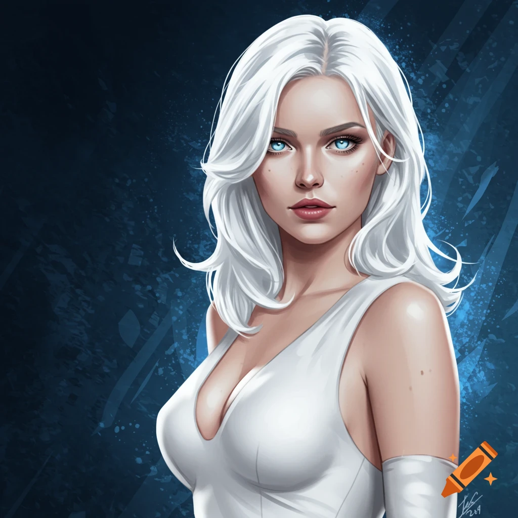 A woman with long white hair and blue eyes wearing a white dress with a low neckline.