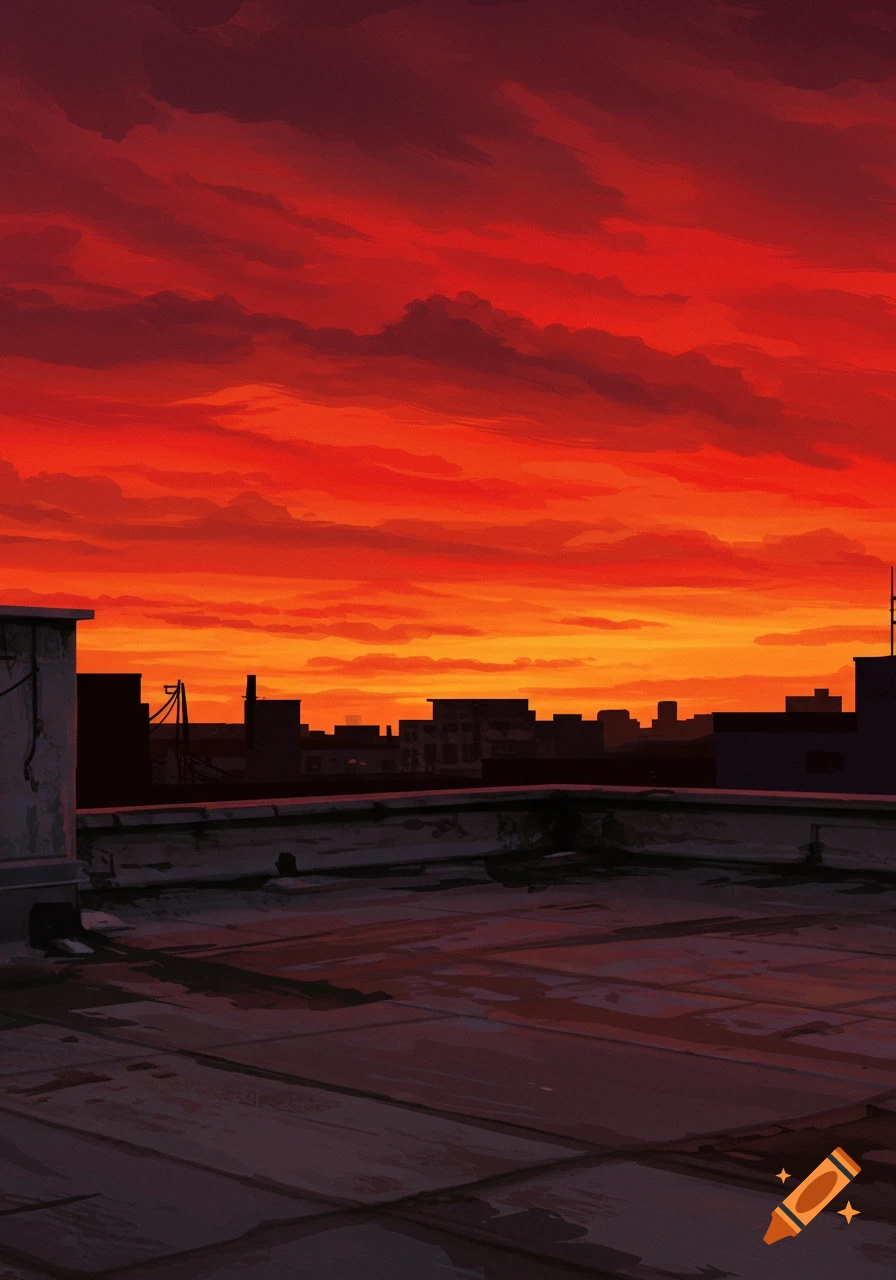 A rooftop overlooks a city skyline at sunset with a vibrant red sky.