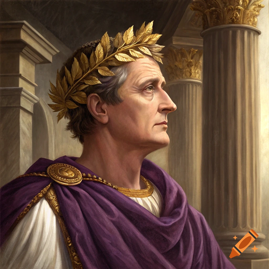 Portrait of a Roman emperor wearing a gold laurel wreath and purple robe, in old painting style.